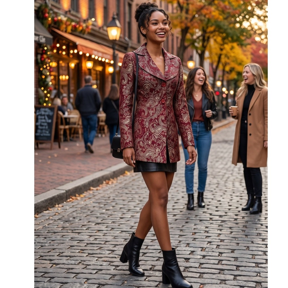 NWT! Wet Seal Womens Burgundy Gold Paisley Brocade Longline Blazer READ SZ XS